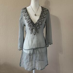 y2k grey & silver beaded sequin metallic details sheer mini dress
